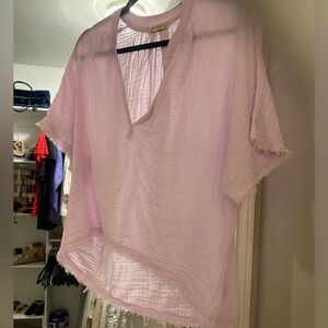 Stark X | Gauze Short Sleeve V Neck Pink Top